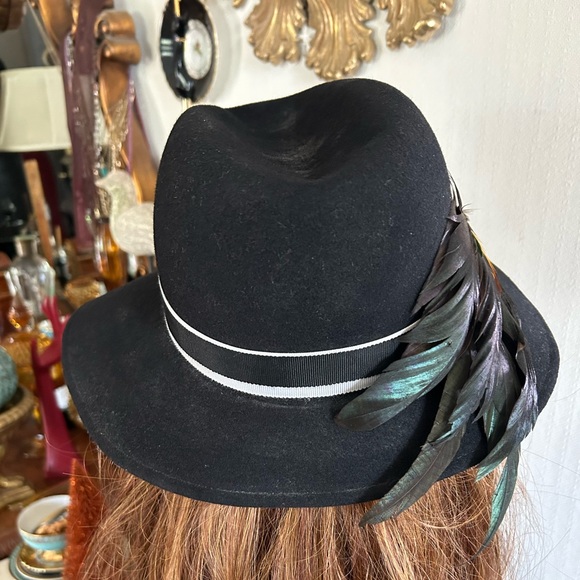 Vintage Black Wool Fedora Hat w Feather Embellishment main image 4